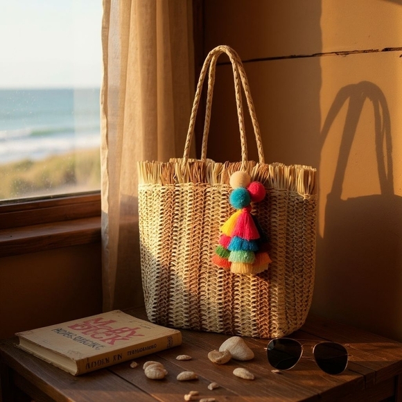 Boho Chic Straw Tote Bag Colorful Tassel Beach Bag Vacay Summer Fringe Woven - Picture 5 of 13